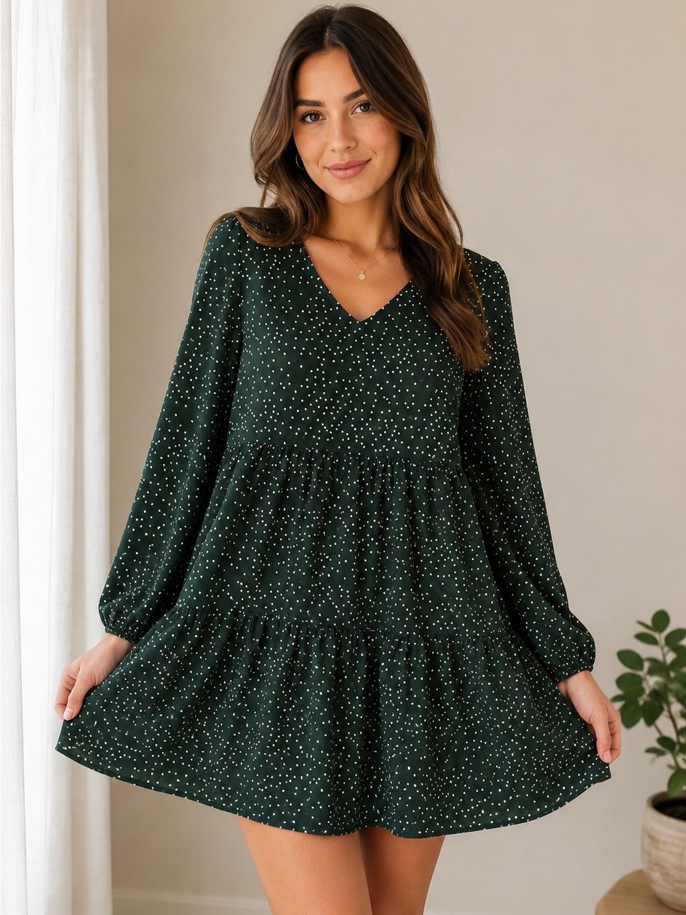 Green and White Polka Dot Baby Doll Dress